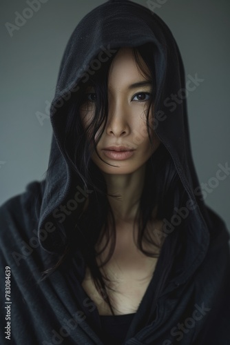 In a close-up shot, a woman in a black coat with a hood appears expressionless, her features neutral and composed.