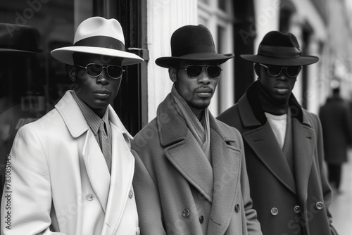 three fashion stylish elegant black man in hat and sunglasses on a street in city in retro style of 1970s photo