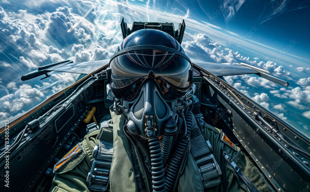 Fototapeta premium Fighter pilot in cockpit above the clouds