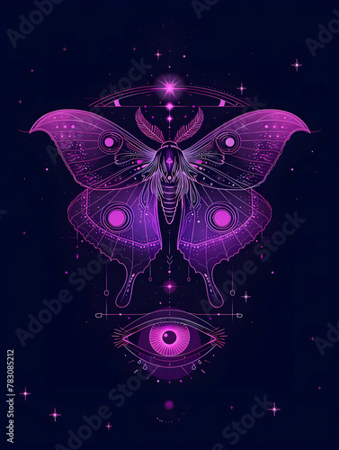 Moth and eye celestial illustration. Neon pink mystical line art on a black background. © Iryna