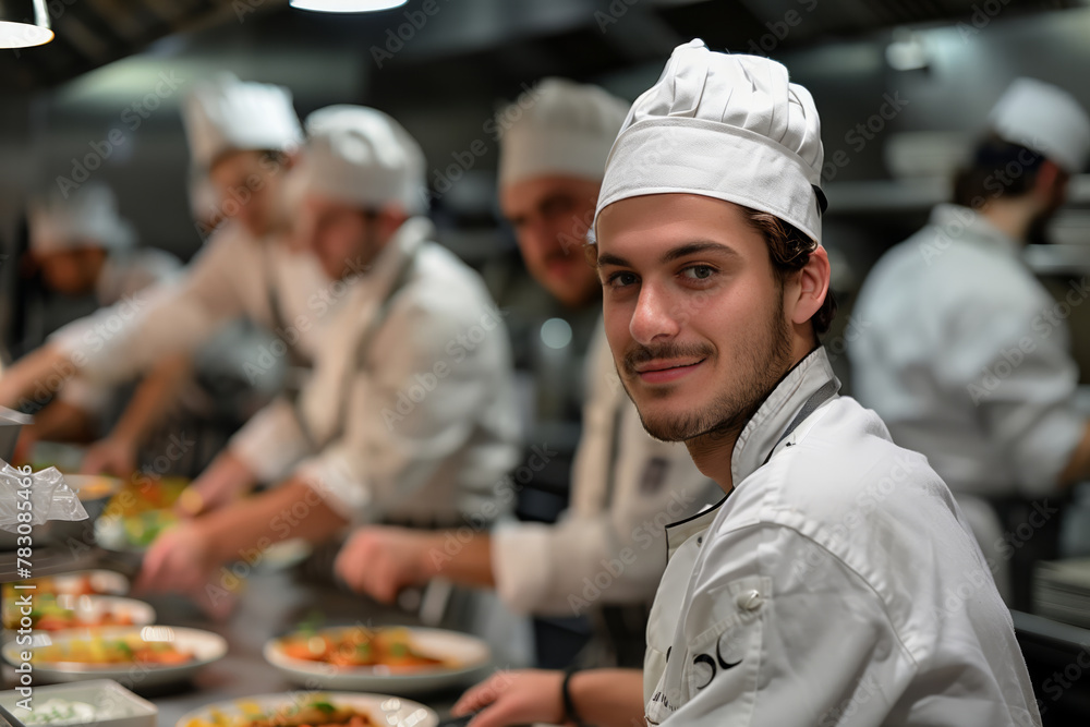 Confident chef posing in busy restaurant kitchen