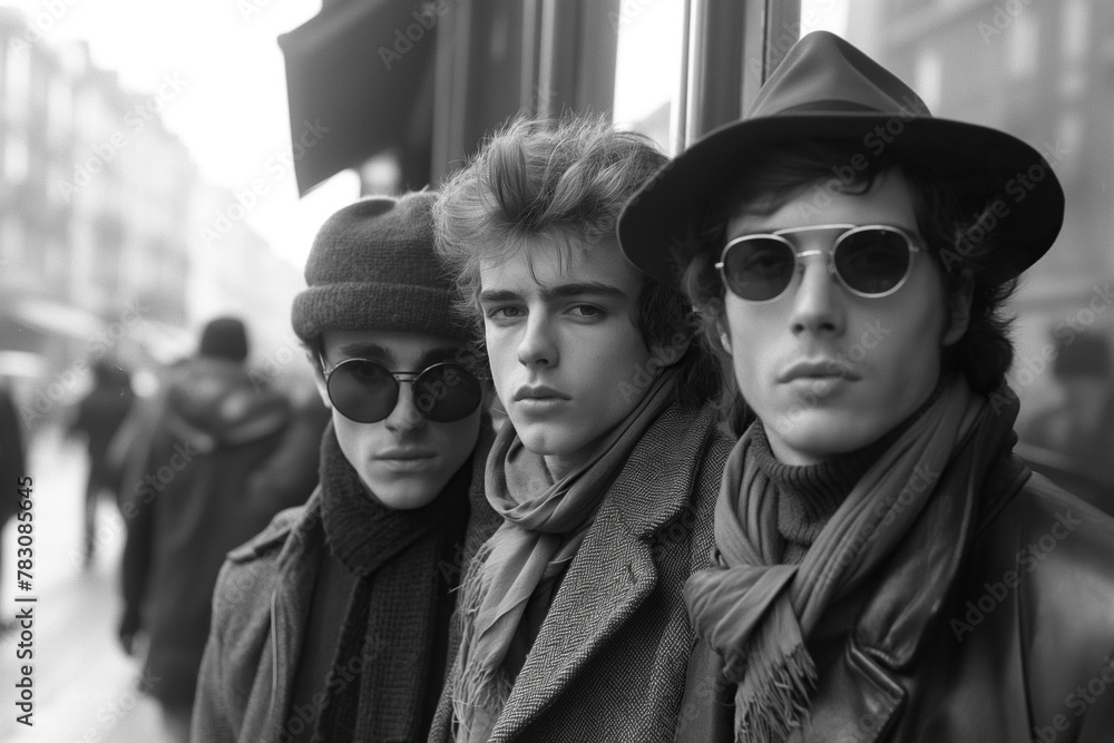 Obraz premium portrait of three fashion young man on street in city in retro style of 1980s. Vintage black and white film scan photo