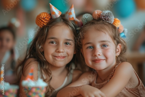 Two girl friends at a birthday party, with decorations on their heads
