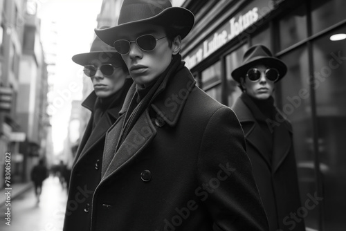 three fashion stylish elegant young man in coat and hat on a street in city in retro style of 1980s © alexkoral