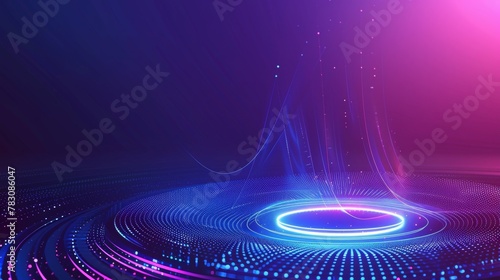 A gradient background with blue and purple tones, with an abstract line pattern at the bottom of the screen that forms a circle. The light shines behind the circular shape photo