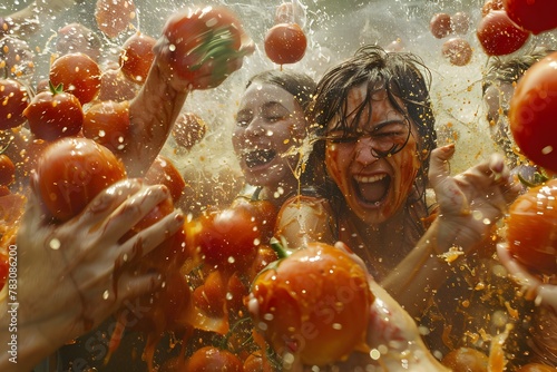 Celebrating La Tomatina with tomatoes. Girls cheerfully throw tomatoes in the crowd.