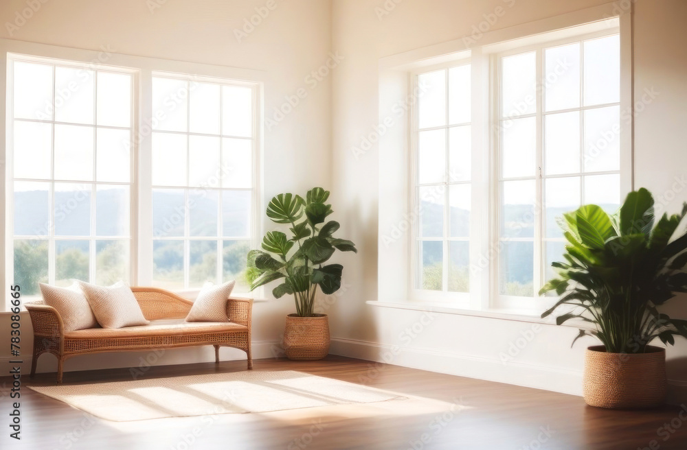 Experience the serene ambiance in this cozy sunlit room with a comfy wicker sofa Experience the serene ambiance in this cozy sunlit room with a comfy wicker sofa
