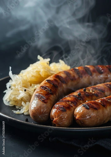 Hot Bratwurst and sauerkraut, on dark plate, isolated on dark background. Traditional Bavarian meal.
