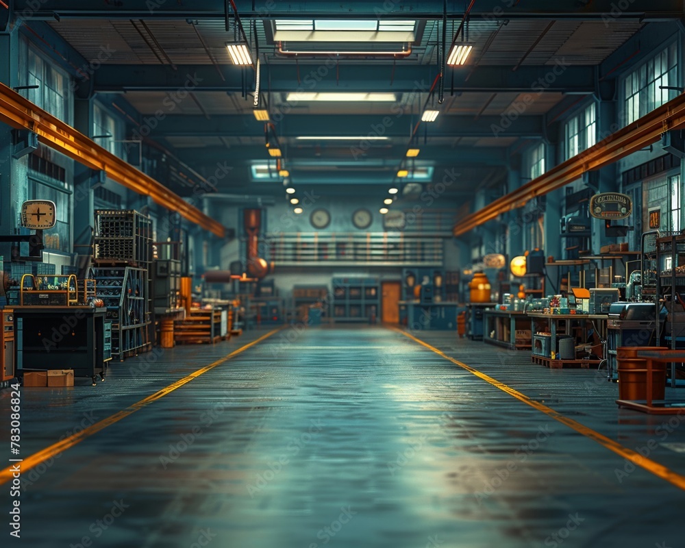 A dynamic view of a sports equipment factory, crafting and testing gear in the style of stock photo image