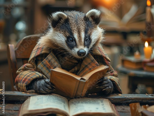 A badger in a detective coat, solving clues at a mystery birthday party in the style of stock photo image photo