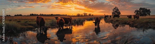 Beside a reflective pond at sunset, a serene panorama captures cattle peacefully grazing, with the sky ablaze in vibrant colors.