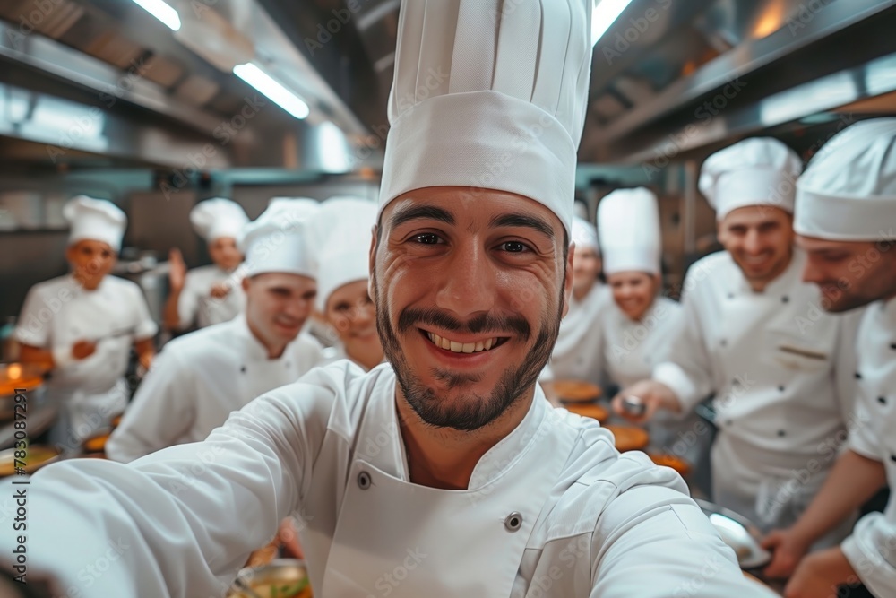 Smiling chef with team in commercial kitchen