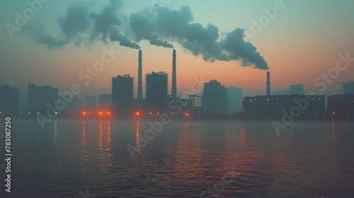 Concept of carbon emissions, represented by smoke billowing from factory chimneys