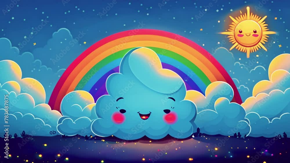 custom made wallpaper toronto digitalCute animation with smiling sun and Magical fluffy clouds sparkling under a rainbow, timelapse style clouds drifting in the blue sky, background for music visualizer, kawaii aesthetic, fantasy