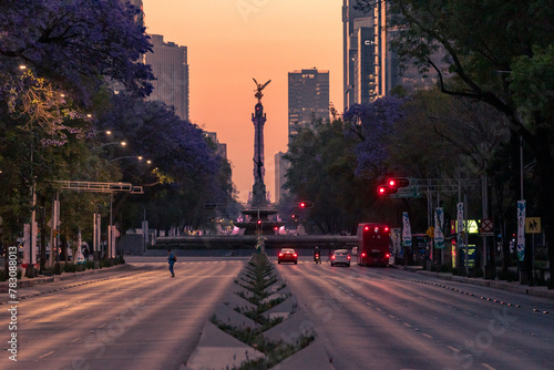 Mexico City, CDMX, Mexico - Sunrise on the Paseo de Reforma looking down at the Angel of Independence   