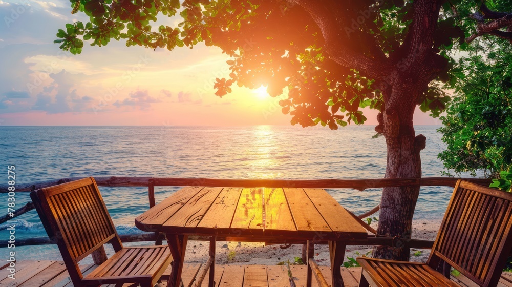 Terrace view sea tree sunlight wooden table on the beach landscape nature with sunset or sunrise