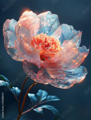 A flower with a blue background. The flower is pink and has a shiny, metallic appearance. The scene is serene and calming