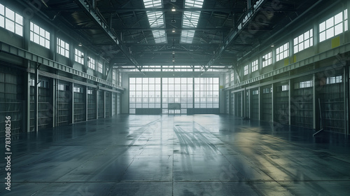 A large  empty warehouse with a lot of windows. The windows let in a lot of light  making the space feel bright and open