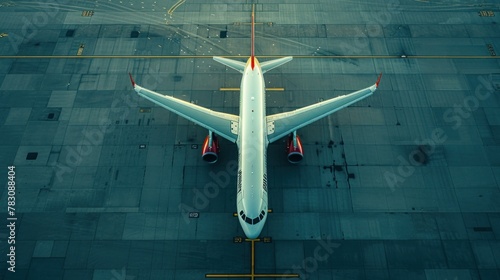 Top down view on commercial airplane docking in terminal in the parking lot of the airport apron, waiting for services maintenance, refilling fuel services after airspace lock down