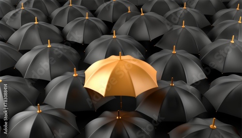 A black umbrella with a gold one in the middle. The black umbrellas are all lined up in a row