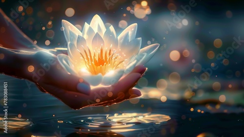 A person is holding a white flower in their hand. The flower is surrounded by water and has a glowing effect. Concept of serenity and beauty, as the person holds the flower in a peaceful setting