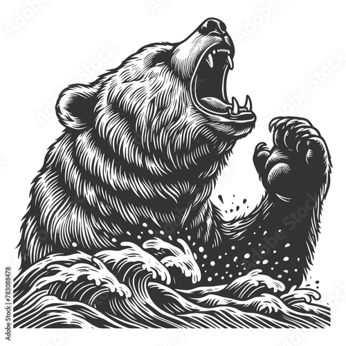 bear roaring amidst foliage, a detailed work showcasing wild nature strength sketch engraving generative ai vector illustration. Scratch board imitation. Black and white image.
