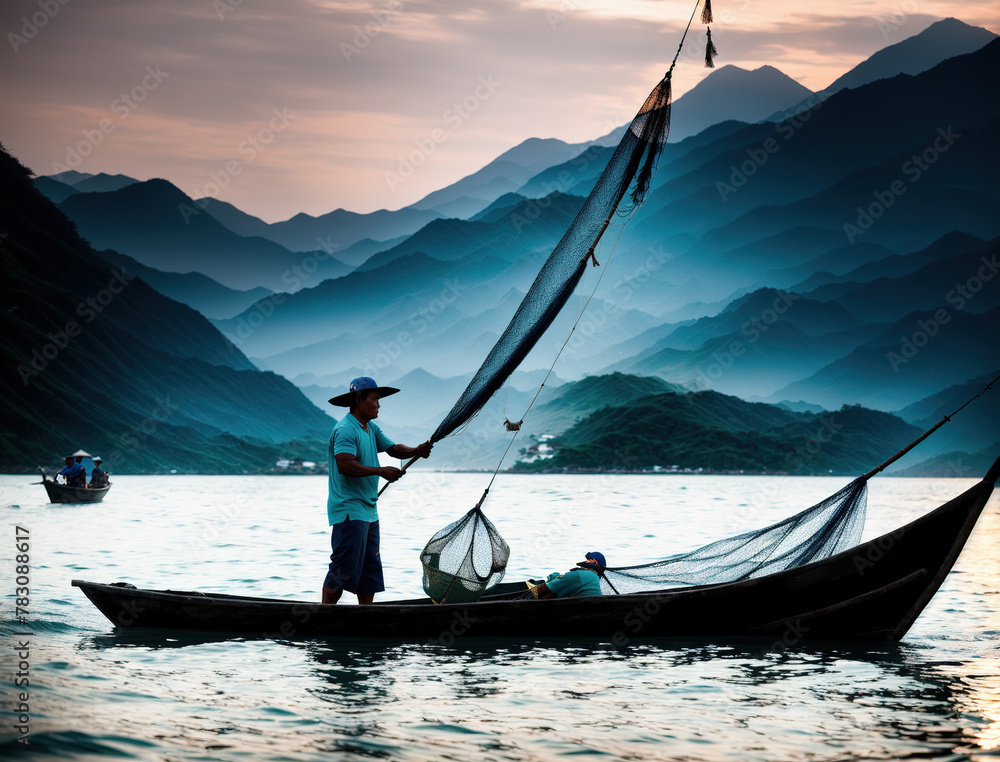 Naklejka premium A group of people in a boat on a body of water with mountains in the background.
