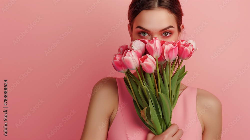Photo of a beautiful woman holding a tulips bouquet covering her face on a pink background, banner with copy space area for Women's Day celebration or Mother's Day. A gentle girl holds an armful. Photo of a beautiful woman holding a tulips bouquet covering her face on a pink background, banner with copy space area for Women's Day celebration or Mother's Day. A gentle girl holds an armful.