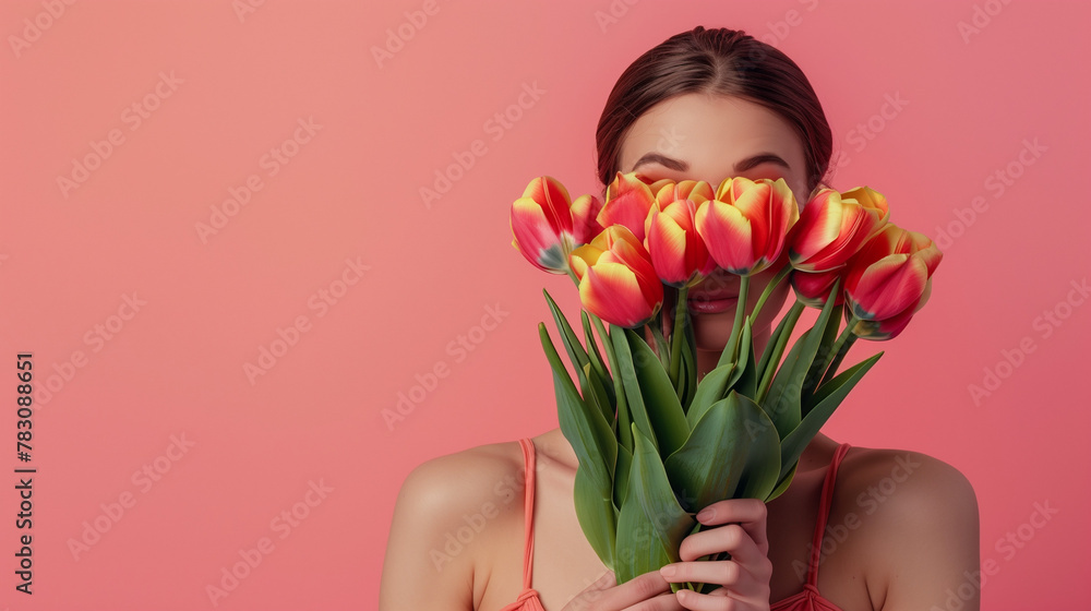 Photo of a beautiful woman holding a tulips bouquet covering her face on a pink background, banner with copy space area for Women's Day celebration or Mother's Day. A gentle girl holds an armful. Photo of a beautiful woman holding a tulips bouquet covering her face on a pink background, banner with copy space area for Women's Day celebration or Mother's Day. A gentle girl holds an armful.