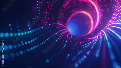 Abstract background with pink and blue neon glowing dotted lines and bokeh lights. © Наталья Зюбр
