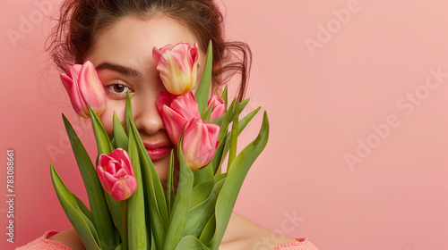 Photo of a beautiful woman holding a tulips bouquet covering her face on a pink background, banner with copy space area for Women's Day celebration or Mother's Day. A gentle girl holds an armful. 
