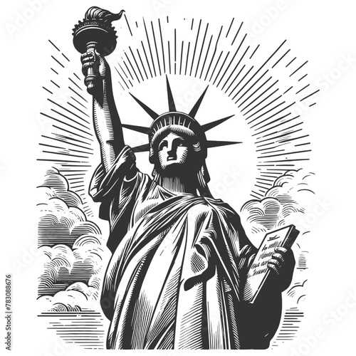 Statue of Liberty holding a torch and tablet, symbolizing freedom sketch engraving generative ai fictional character vector illustration. Scratch board imitation. Black and white image.