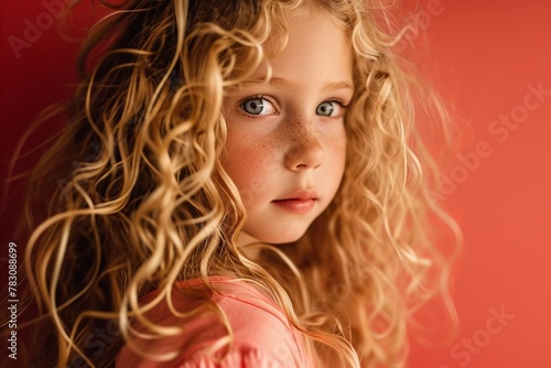 Portrait of a beautiful little girl with long blond curly hair.