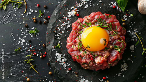 Beef steak tartare with raw egg yolk in the plate, dark background photo