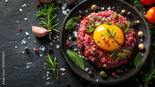 Beef steak tartare with raw egg yolk in the plate, dark background photo