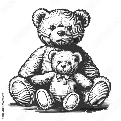 two teddy bears, a parent and child, in a warm embrace sketch engraving generative ai fictional character vector illustration. Scratch board imitation. Black and white image.