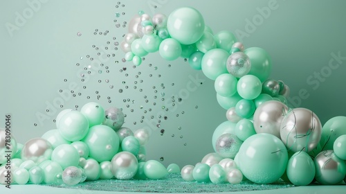 a mint green balloon arch cake smash themed. there are 4 different shades of mint green and giantballoons mixed with small balloons. Silver sparkles are sprinkled through the backdrop