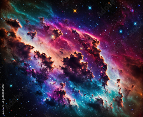 A colorful nebula with swirling clouds of gas and dust.