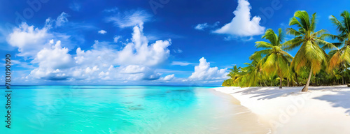 Serene Tropical Beach. Lush palm trees and clear turquoise waters grace this quiet sandy shore under a vast  cloudless sky
