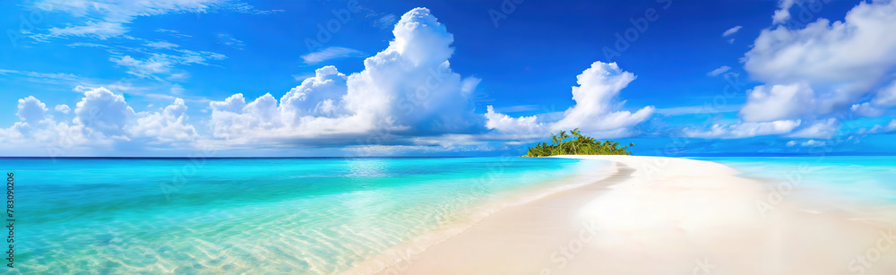 Serene Tropical Island with Fluffy Clouds Over Turquoise Water. A solitary tropical island basks under a sunny sky with fluffy clouds, surrounded by turquoise waters