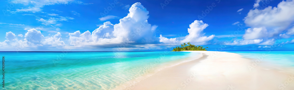 Fototapeta premium Serene Tropical Island with Fluffy Clouds Over Turquoise Water. A solitary tropical island basks under a sunny sky with fluffy clouds, surrounded by turquoise waters