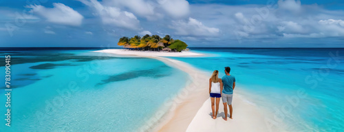 Island Serenity with Couple. Two people standing on a sandy path leading to a tree-covered island