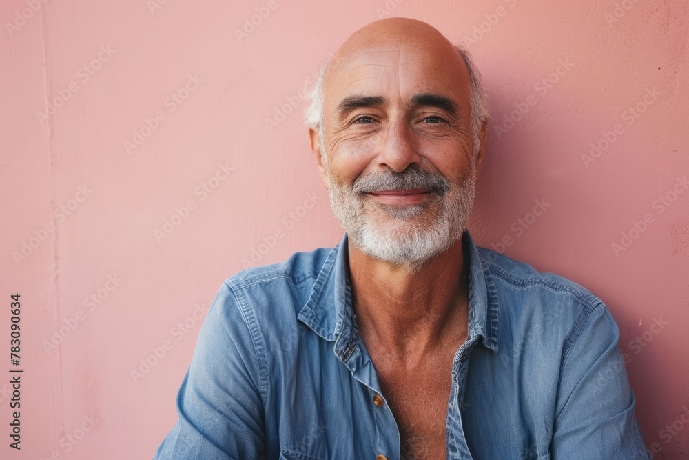 Portrait of a smiling senior man standing against a pink wall. Portrait of a smiling senior man standing against a pink wall.