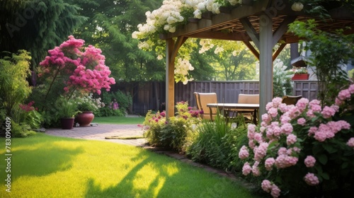 Backyard adorned with floral arbor