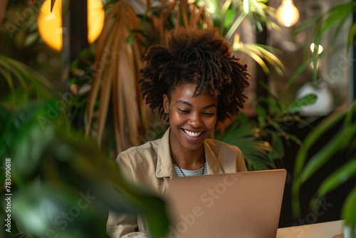 Young woman working on laptop in cafe