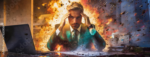 Corporate Chaos: A Man Battle with Burnout and Stress. Tired businessman with headache in a chaotic office, symbolizing extreme work stress. © Igor Tichonow