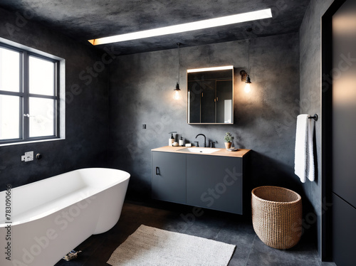 A modern bathroom with a large bathtub  a sink  and a toilet.