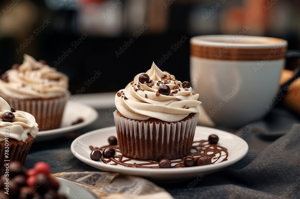 A cupcake decorated with cream on a plate and a cup of coffee in the background. Food concept. A cupcake decorated with cream on a plate and a cup of coffee in the background. Food concept.