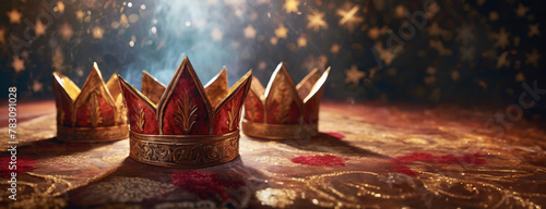 Majestic Crowns and Starry Night: Celebrating the Three Kings. Three ornate crowns resting on a patterned fabric under a shimmering star-filled backdrop