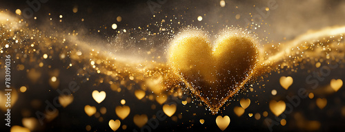 Glittering Golden Hearts Floating in Magical Dust. A sparkling celebration of love with golden hearts suspended in a shimmering cloud of magical dust